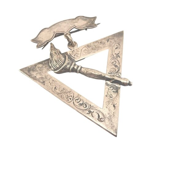 Vintage Silver Masonic Jewel Pin Brooch With Engraved Triangle and Torch  Emblem - Picture 6 of 10